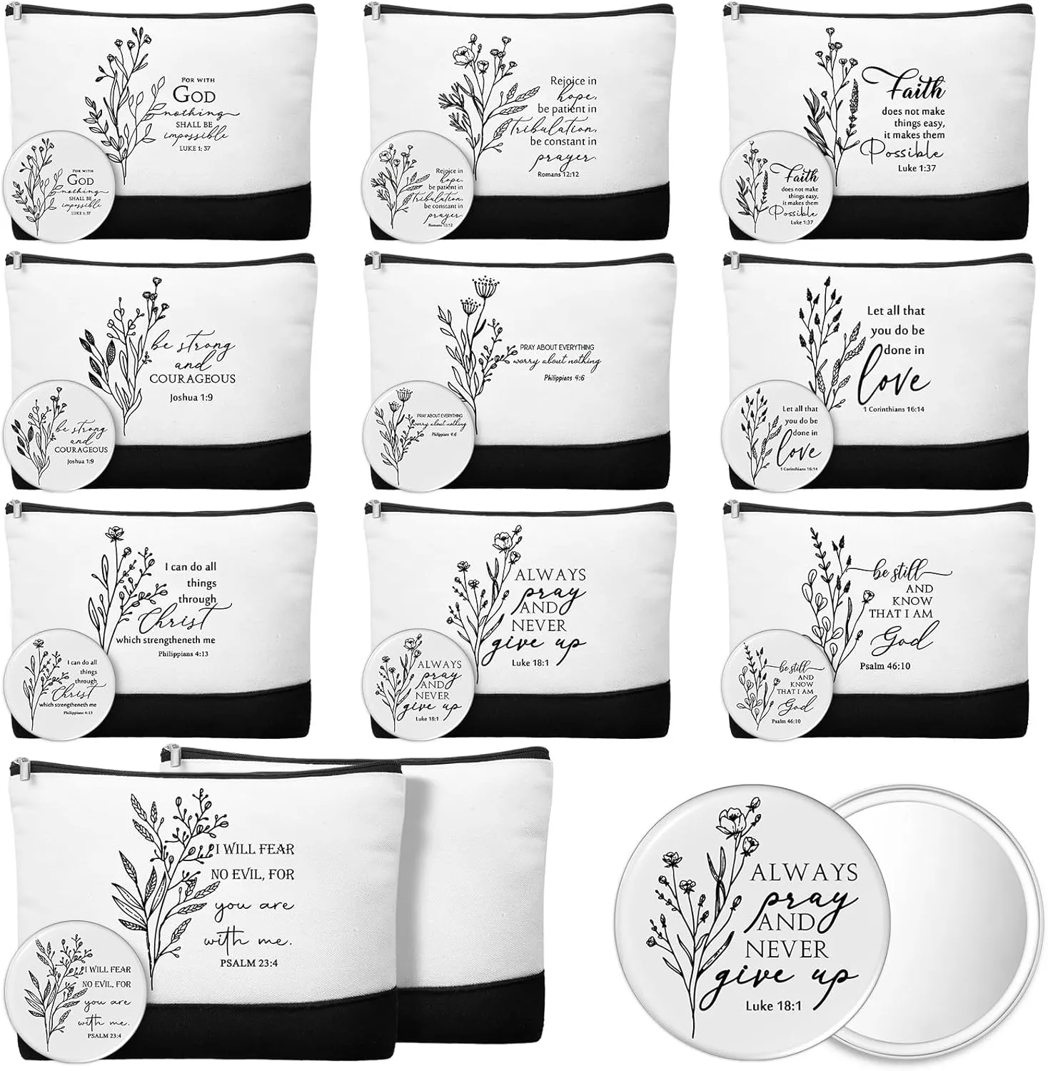 Kacctyen 20 Pcs Christian Gifts for Women Bulk 10 Inspirational Religious Canvas Makeup Bags with 10 Mini Bible Verse Compact Mirrors for Church Mom Pastor Sunday School Study Office(Aesthetic)