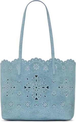 kate spade new york Do It All Spade Flower Perforated Denim Suede Large Tote, Blue Multi