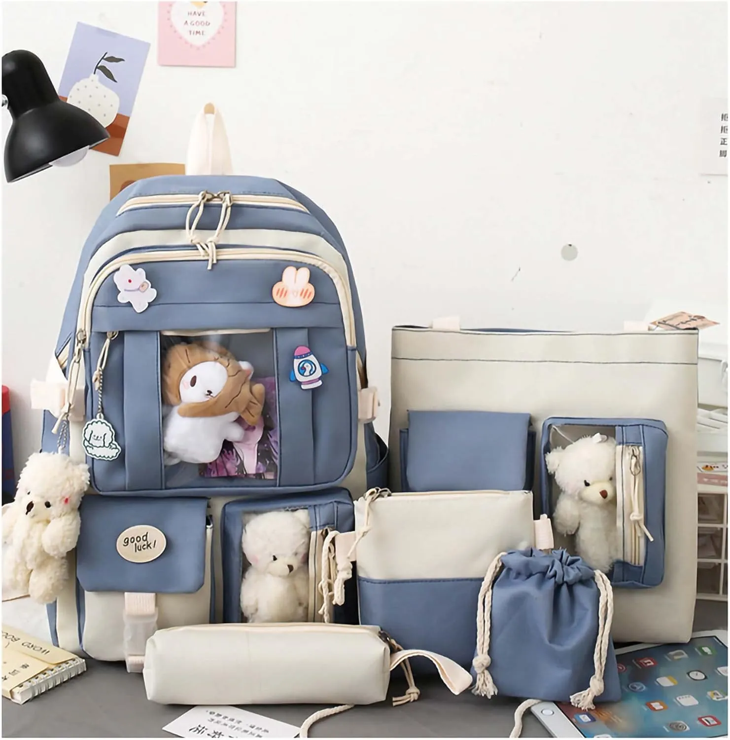 Kawaii Backpack 5Pcs Set Aesthetic School Bags 17in Cute Bookbag with Badge&Pendant,Shoulder Bag,Pencil Box,Tote Bag,Small Bag Blue