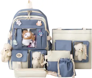 Kawaii Backpack 5Pcs Set Aesthetic School Bags 17in Cute Bookbag with Badge&Pendant,Shoulder Bag,Pencil Box,Tote Bag,Small Bag Blue