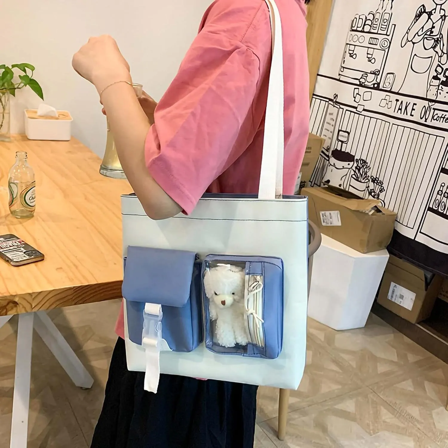 Kawaii Backpack 5Pcs Set Aesthetic School Bags 17in Cute Bookbag with Badge&Pendant,Shoulder Bag,Pencil Box,Tote Bag,Small Bag Blue