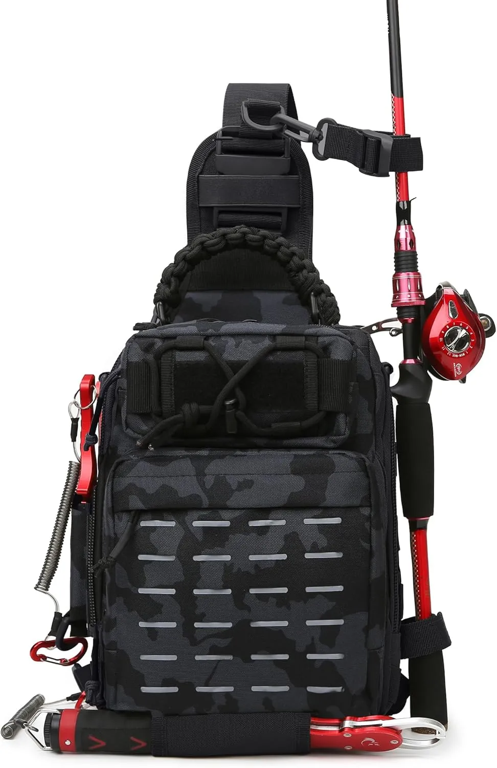 kefit Fishing Backpack with Rod Holder, Lightweight Tackle Sling Fishing Bag, Storage Fishing Gear and Equipment - Black Camouflage