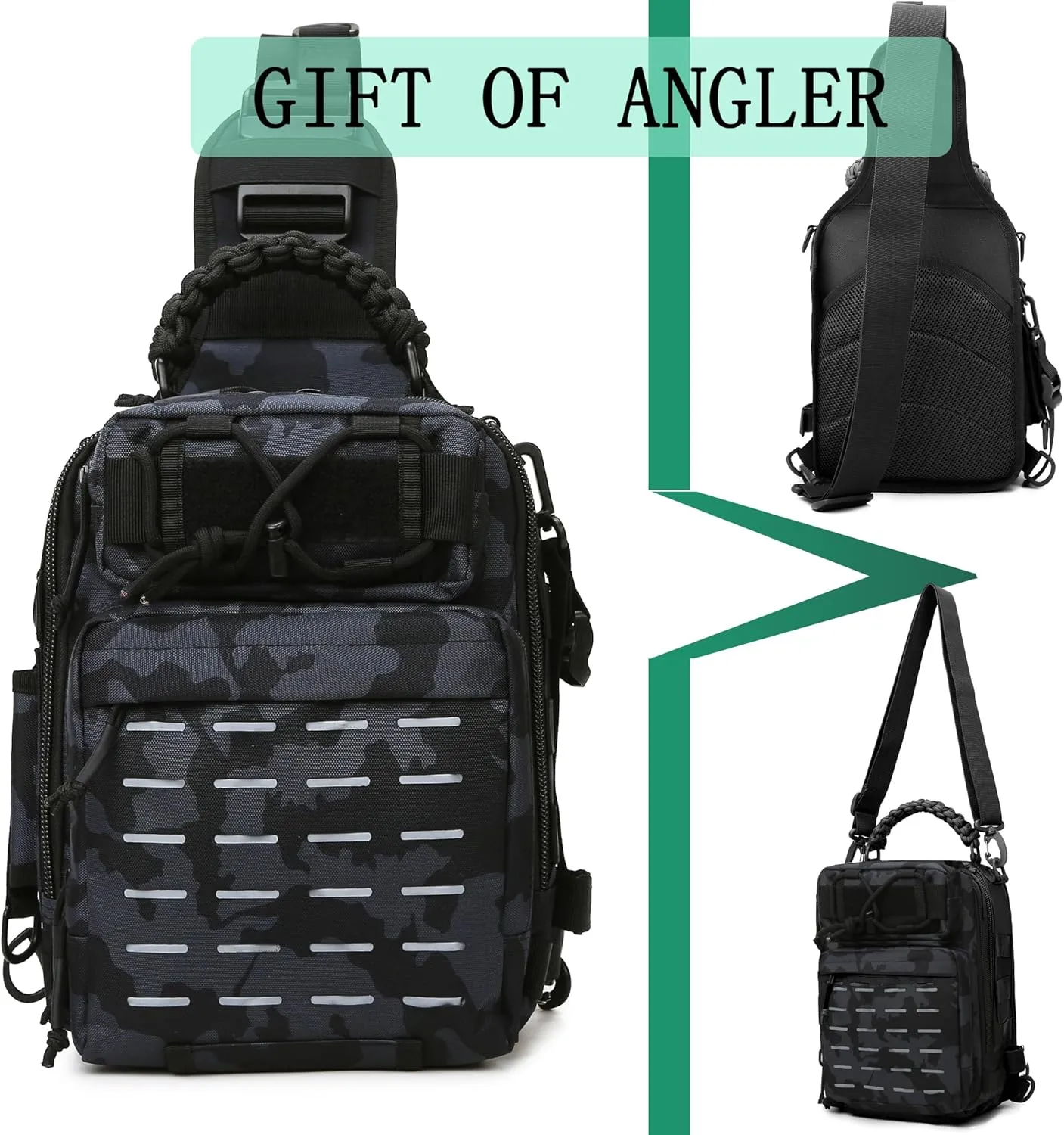 kefit Fishing Backpack with Rod Holder, Lightweight Tackle Sling Fishing Bag, Storage Fishing Gear and Equipment - Black Camouflage
