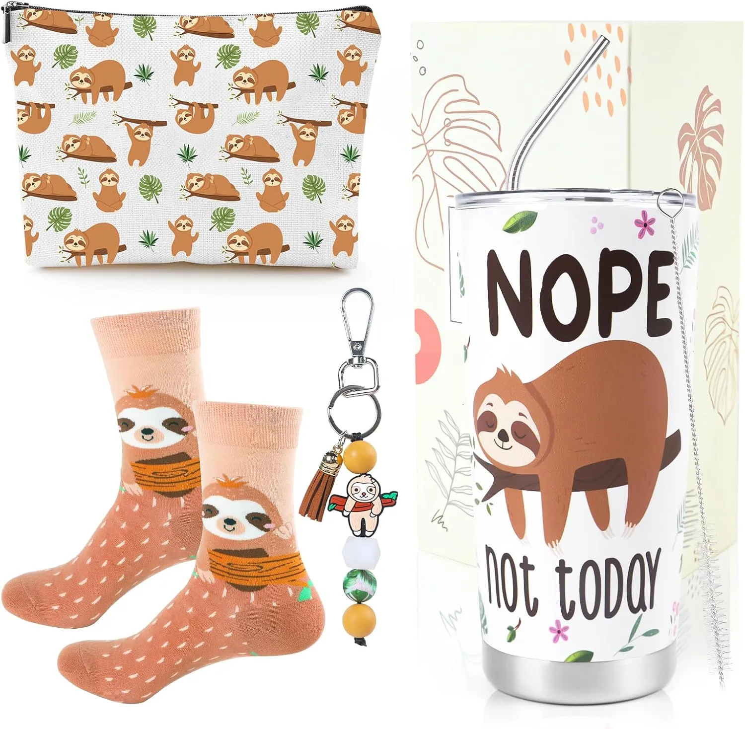 Keluna Sloth Gifts for Women Girls - 4Pcs Sloth Gifts Set 20oz Stainless Steel Tumbler with Lids Straw Cute Animal Makeup Bags Socks Keychain for SlothLovers Friends Birthday Christmas Presents