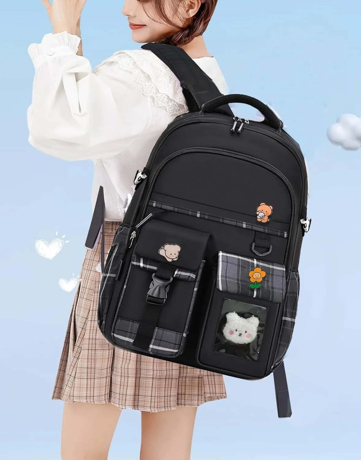 Kids Backpack for Girls Teens, Kawaii Backpack for School, Cute Bookbag for Primary Elementary with Accessories, Black