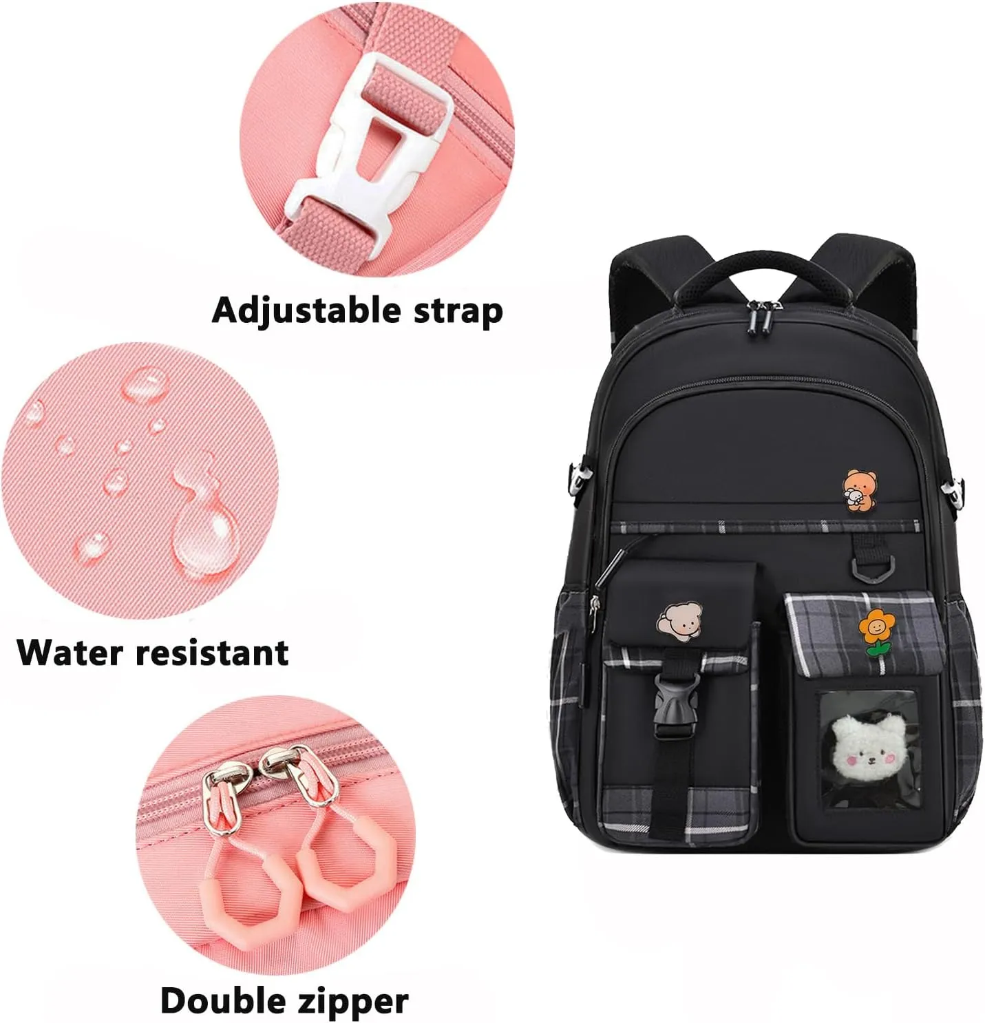 Kids Backpack for Girls Teens, Kawaii Backpack for School, Cute Bookbag for Primary Elementary with Accessories, Black