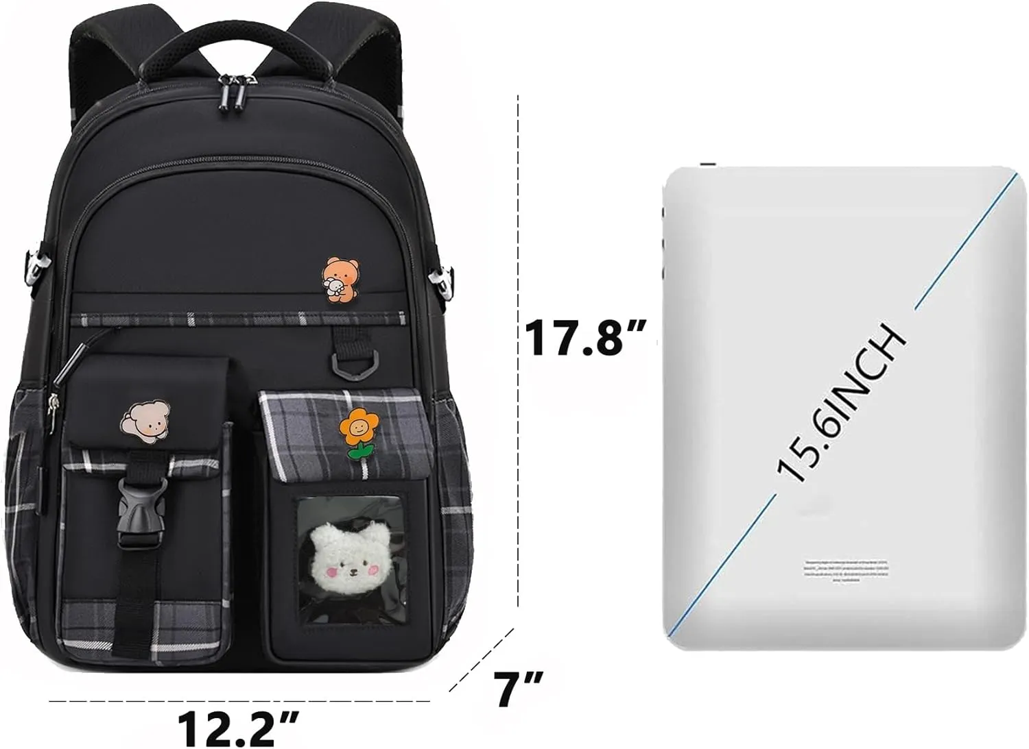 Kids Backpack for Girls Teens, Kawaii Backpack for School, Cute Bookbag for Primary Elementary with Accessories, Black