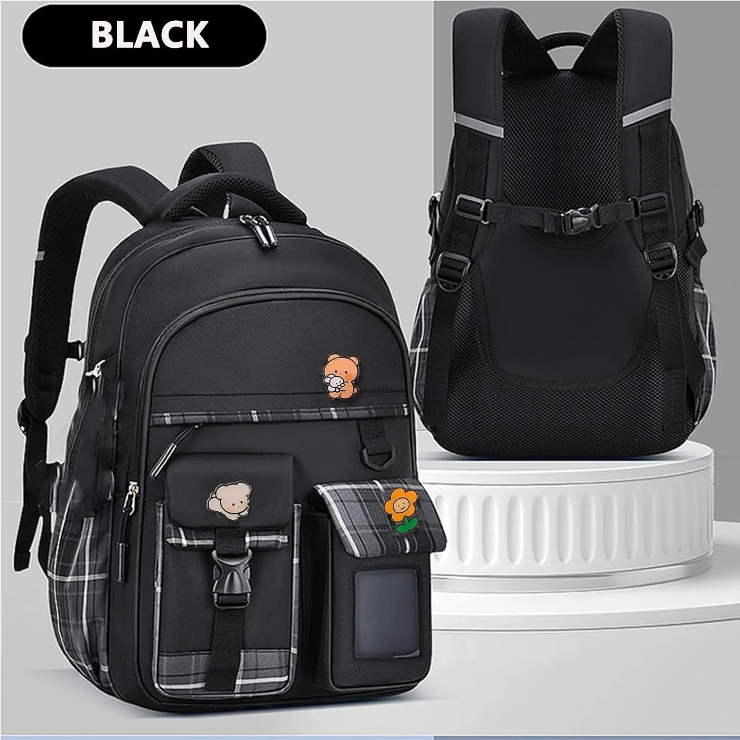 Kids Backpack for Girls Teens, Kawaii Backpack for School, Cute Bookbag for Primary Elementary with Accessories, Black