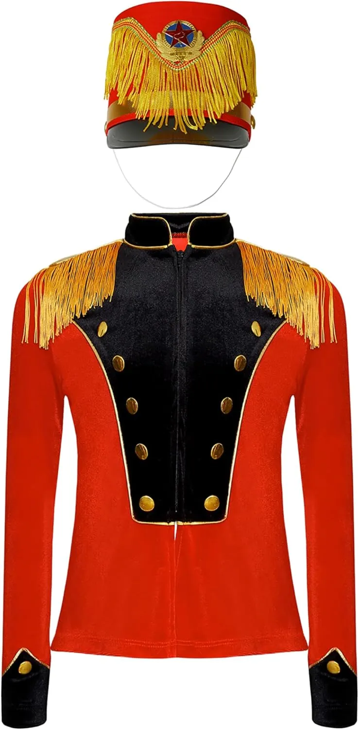 Kids Boys Girls Drum Major Team Uniform Drummer Tassel Jacket with Hat Marching Band Sets