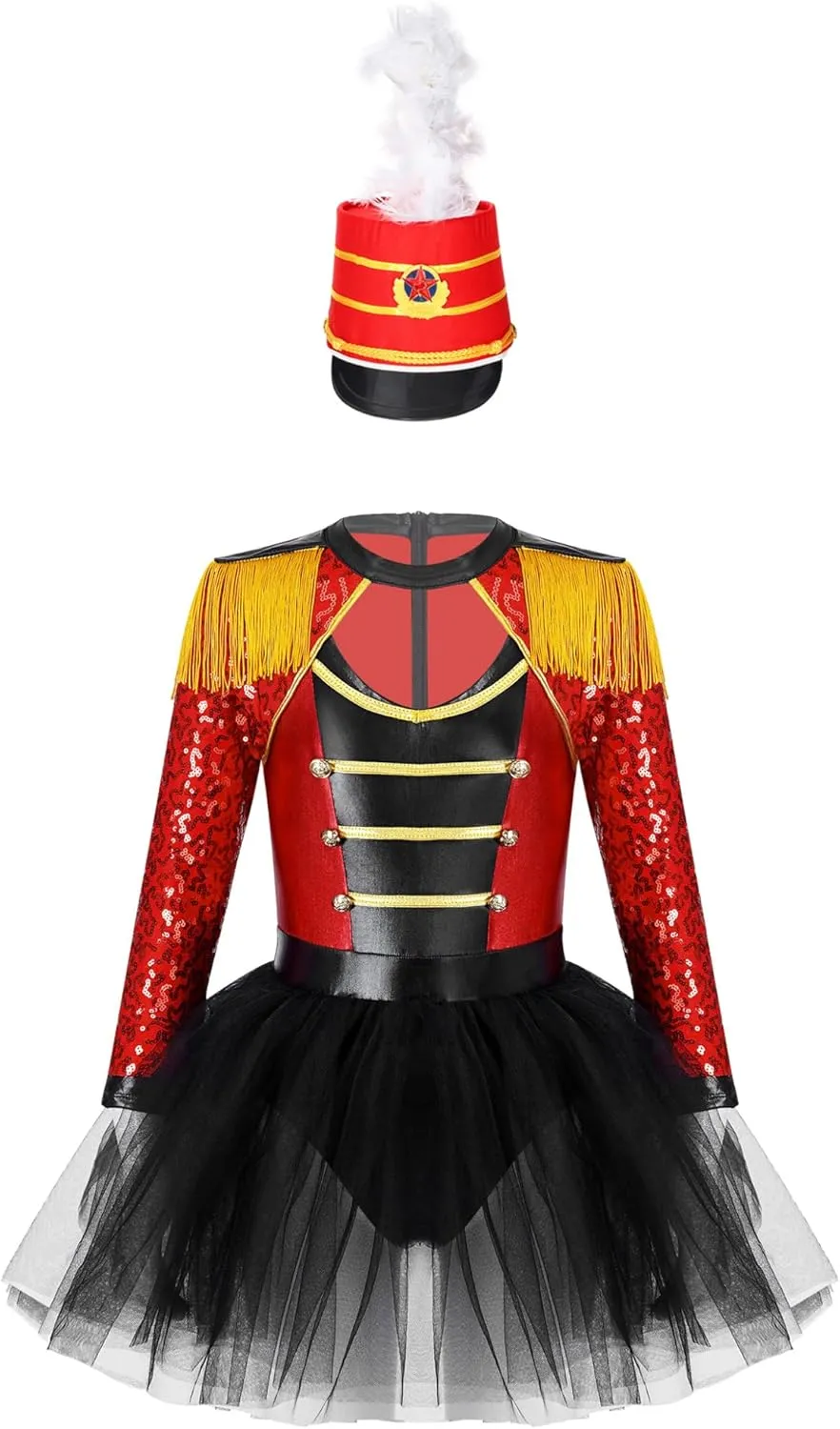 Kids Drum Majorette Costumes for Girls Tassels Sequins Dance Tutu Dress with Toy Soldier Hat Dress Up