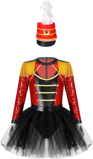 Kids Drum Majorette Costumes for Girls Tassels Sequins Dance Tutu Dress with Toy Soldier Hat Dress Up