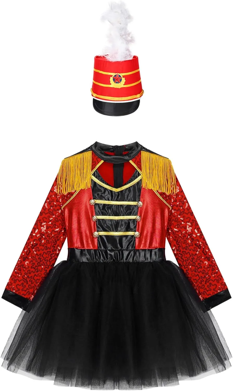 Kids Drum Majorette Costumes for Girls Tassels Sequins Dance Tutu Dress with Toy Soldier Hat Dress Up
