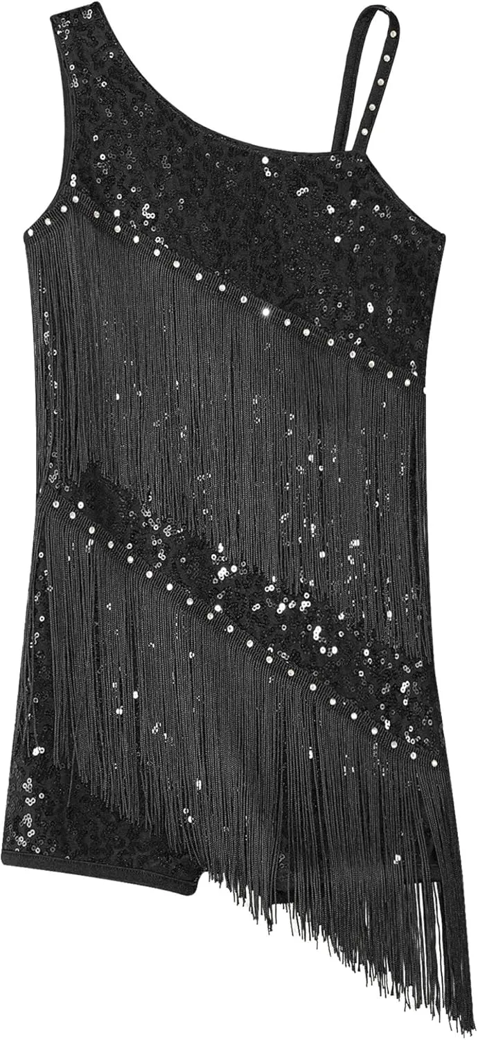 Kids Girls Sequins Tassel Latin Dance Dress Leoatrd Tank Jumpsuit Fringe Salsa Samba Dancewear