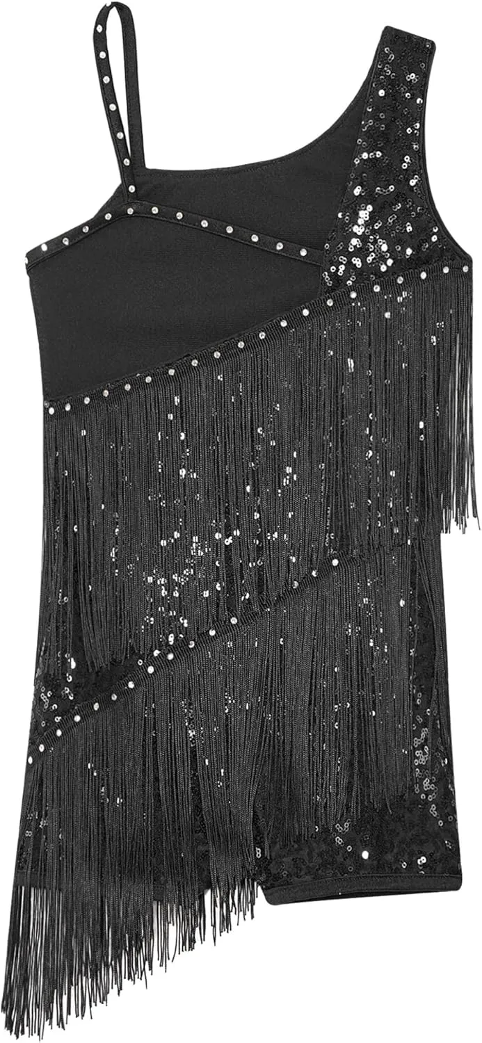 Kids Girls Sequins Tassel Latin Dance Dress Leoatrd Tank Jumpsuit Fringe Salsa Samba Dancewear