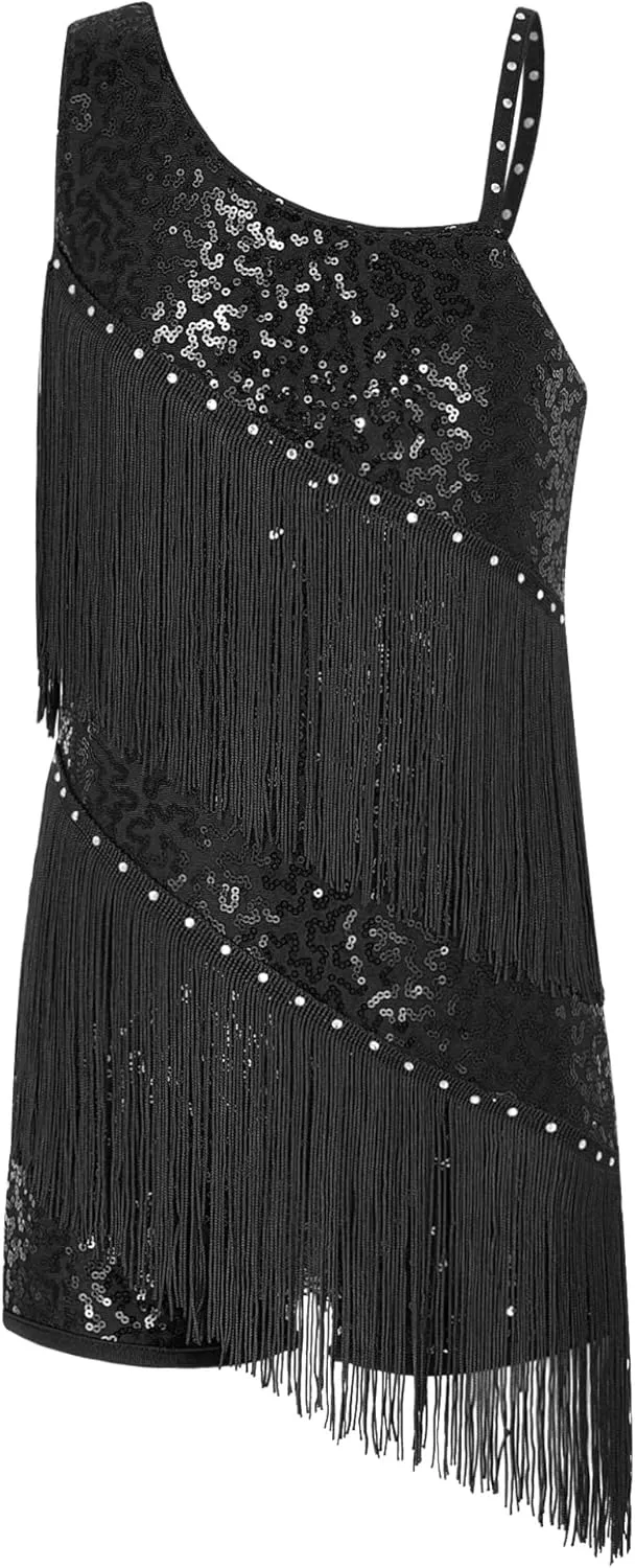 Kids Girls Sequins Tassel Latin Dance Dress Leoatrd Tank Jumpsuit Fringe Salsa Samba Dancewear