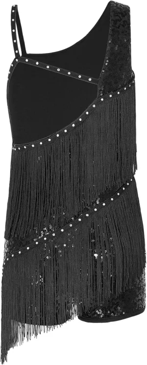 Kids Girls Sequins Tassel Latin Dance Dress Leoatrd Tank Jumpsuit Fringe Salsa Samba Dancewear