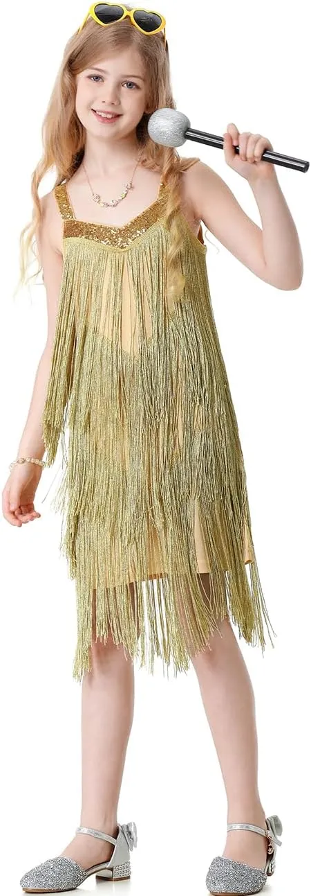 Kids Sequin Fringe Dress Sparkling Tassel Sleeveless Latin Dance Dress Salsa Dancewear Dancer Outfits for Girls