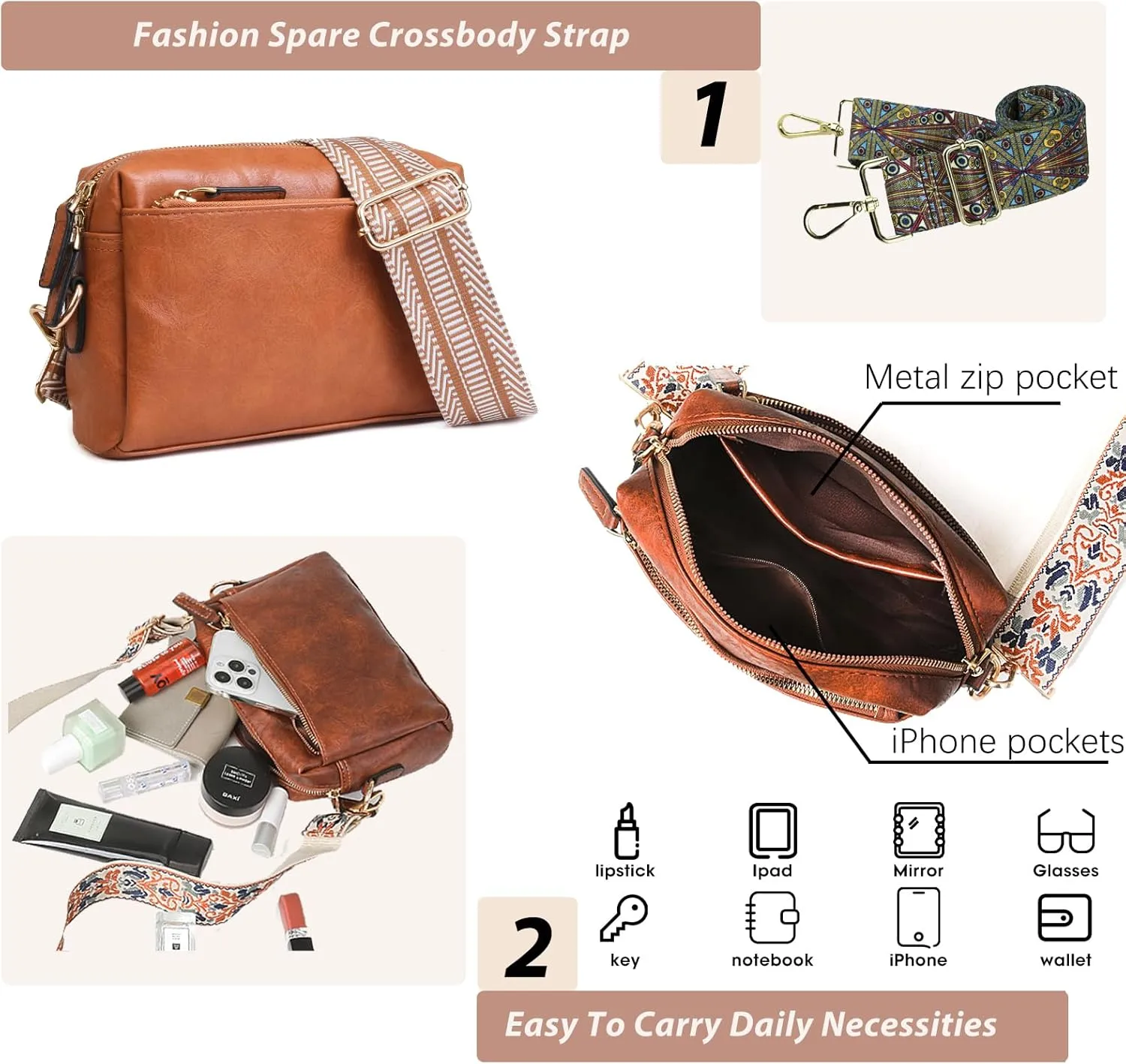 KlaOYer 2 Adjustable Strap Bag,Crossbody Bags Women,Guitar Strap Purse,Vegan Handbags Soft Shoulder Bag For Women