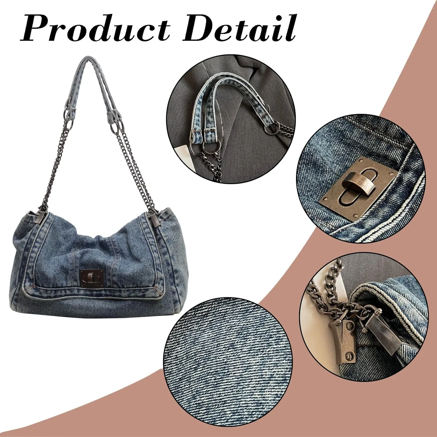 KlaOYer Denim Shoulder Bag for Women Jean Tote Bag Adjustable Chain Strap Crossbody Bags Y2k Trendy Hobo Purse Handbag
