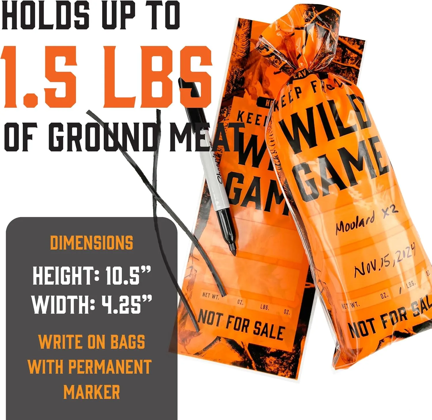 Klarny Outdoors Wild Game Freezer Bags for Ground Meat or Venison, 1.5 LB Blaze Orange Camouflage Hunting Meat Packaging Storage System with Twist Ties for Preventing Freezer Burn (200 Bags)