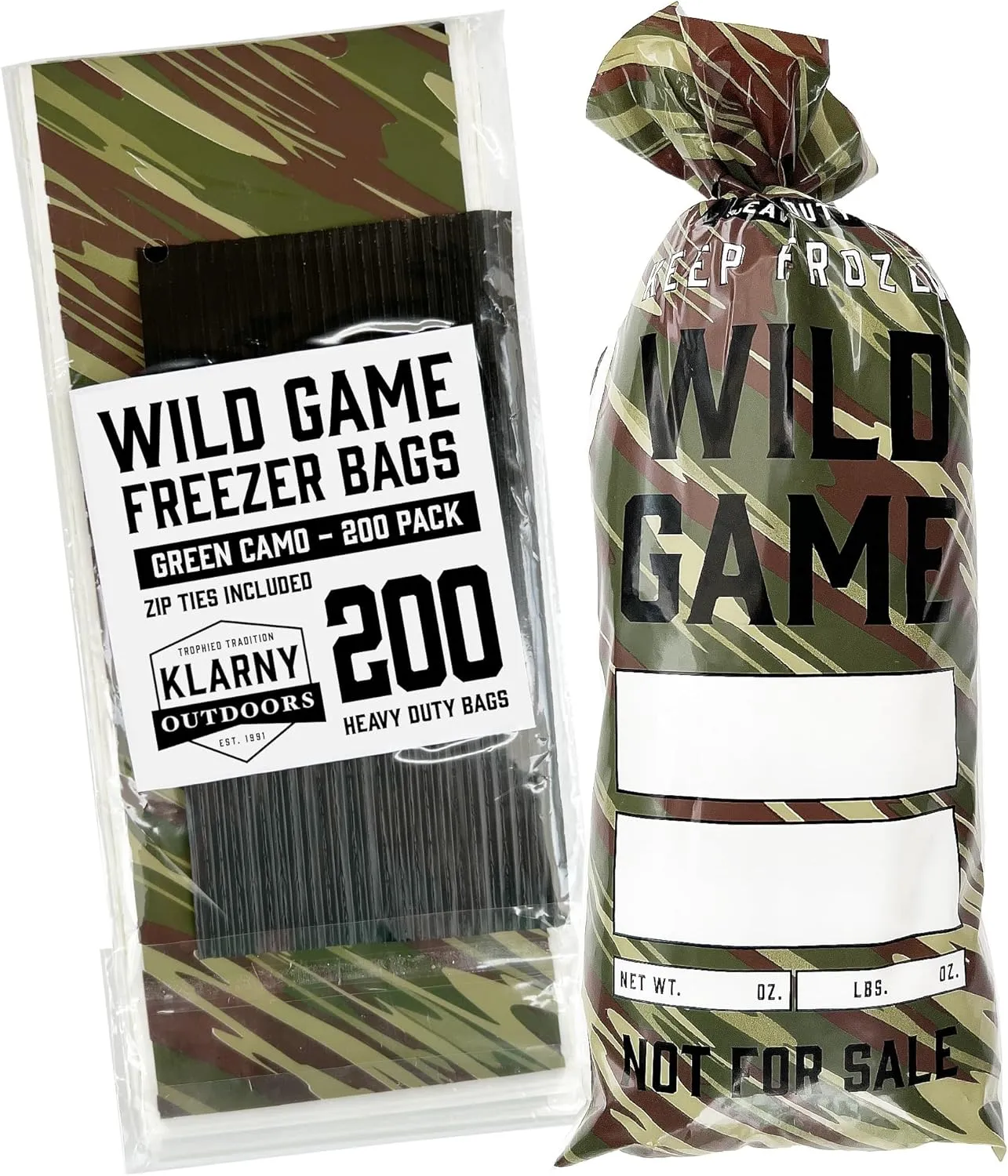 Klarny Outdoors Wild Game Freezer Bags for Ground Meat or Venison, 1.5 LB Blaze Orange Camouflage Hunting Meat Packaging Storage System with Twist Ties for Preventing Freezer Burn (200 Bags)