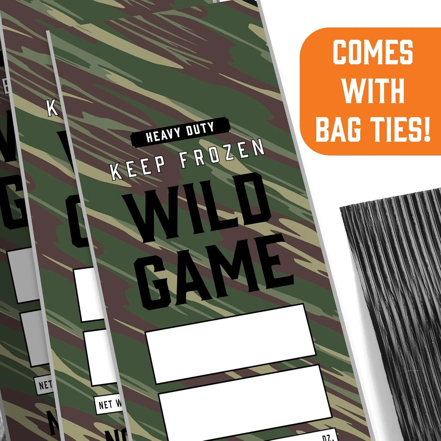 Klarny Outdoors Wild Game Freezer Bags for Ground Meat or Venison, 1.5 LB Blaze Orange Camouflage Hunting Meat Packaging Storage System with Twist Ties for Preventing Freezer Burn (200 Bags)
