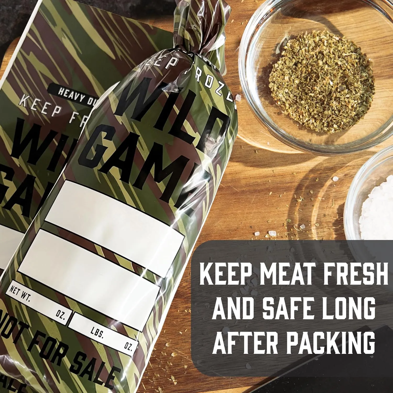 Klarny Outdoors Wild Game Freezer Bags for Ground Meat or Venison, 1.5 LB Blaze Orange Camouflage Hunting Meat Packaging Storage System with Twist Ties for Preventing Freezer Burn (200 Bags)