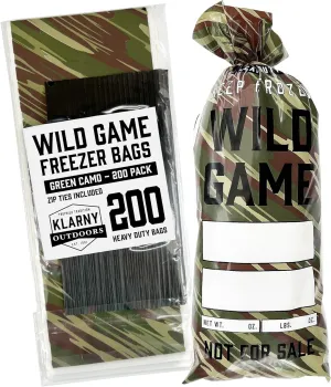 Klarny Outdoors Wild Game Freezer Bags for Ground Meat or Venison, 1.5 LB Blaze Orange Camouflage Hunting Meat Packaging Storage System with Twist Ties for Preventing Freezer Burn (200 Bags)