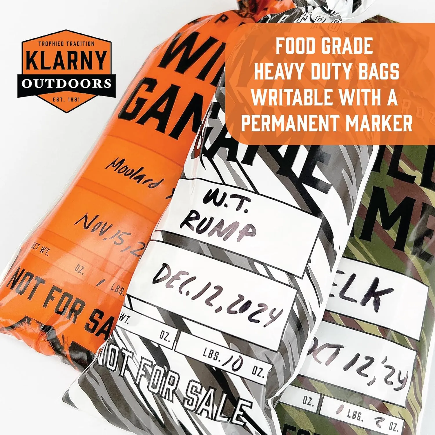 Klarny Outdoors Wild Game Freezer Bags for Ground Meat or Venison, 1.5 LB Blaze Orange Camouflage Hunting Meat Packaging Storage System with Twist Ties for Preventing Freezer Burn (200 Bags)