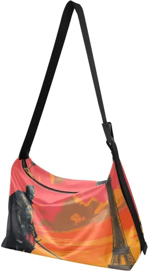 Knight in Paris Shoulder Bag Leather Large Capacity Crossbody Bags Purse Zipper Closure with Fabric Strap