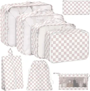 KPX 8 Set Packing Cubes for Travel, Luggage Packing Organizers Accessories Large Toiletries Bag for Clothes Shoes Cosmetics (8Set-Nude Pink Plaid)