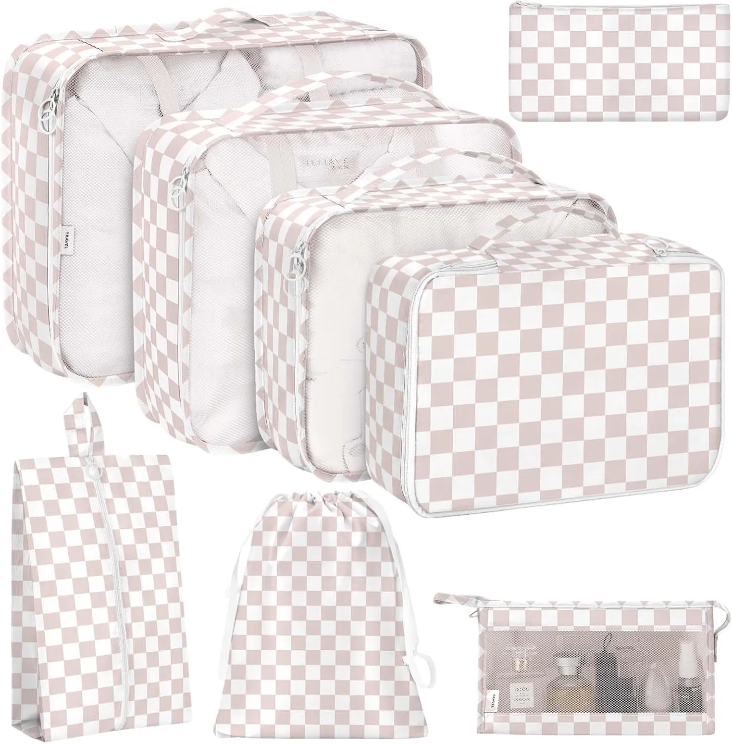 KPX 8 Set Packing Cubes for Travel, Luggage Packing Organizers Accessories Large Toiletries Bag for Clothes Shoes Cosmetics (8Set-Nude Pink Plaid)