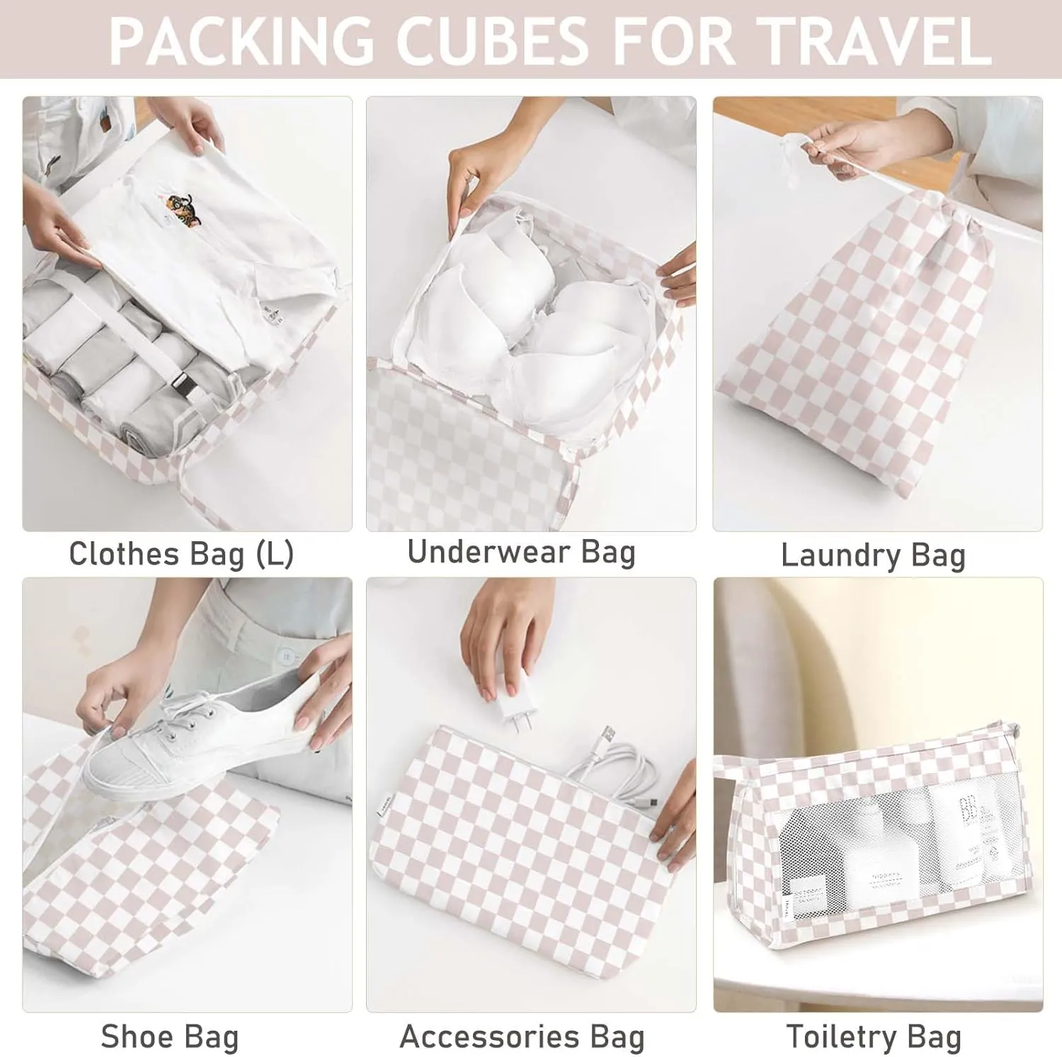 KPX 8 Set Packing Cubes for Travel, Luggage Packing Organizers Accessories Large Toiletries Bag for Clothes Shoes Cosmetics (8Set-Nude Pink Plaid)