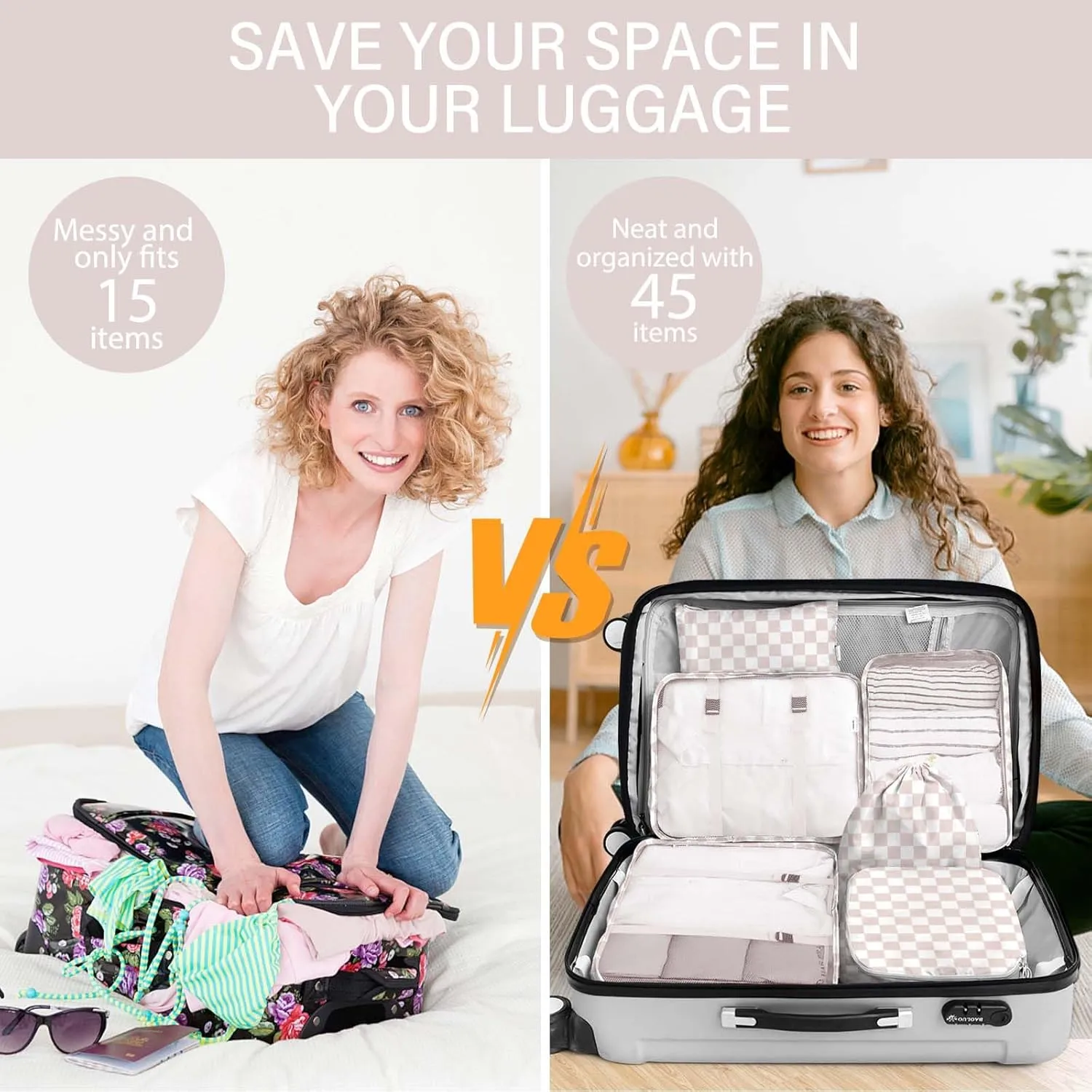 KPX 8 Set Packing Cubes for Travel, Luggage Packing Organizers Accessories Large Toiletries Bag for Clothes Shoes Cosmetics (8Set-Nude Pink Plaid)