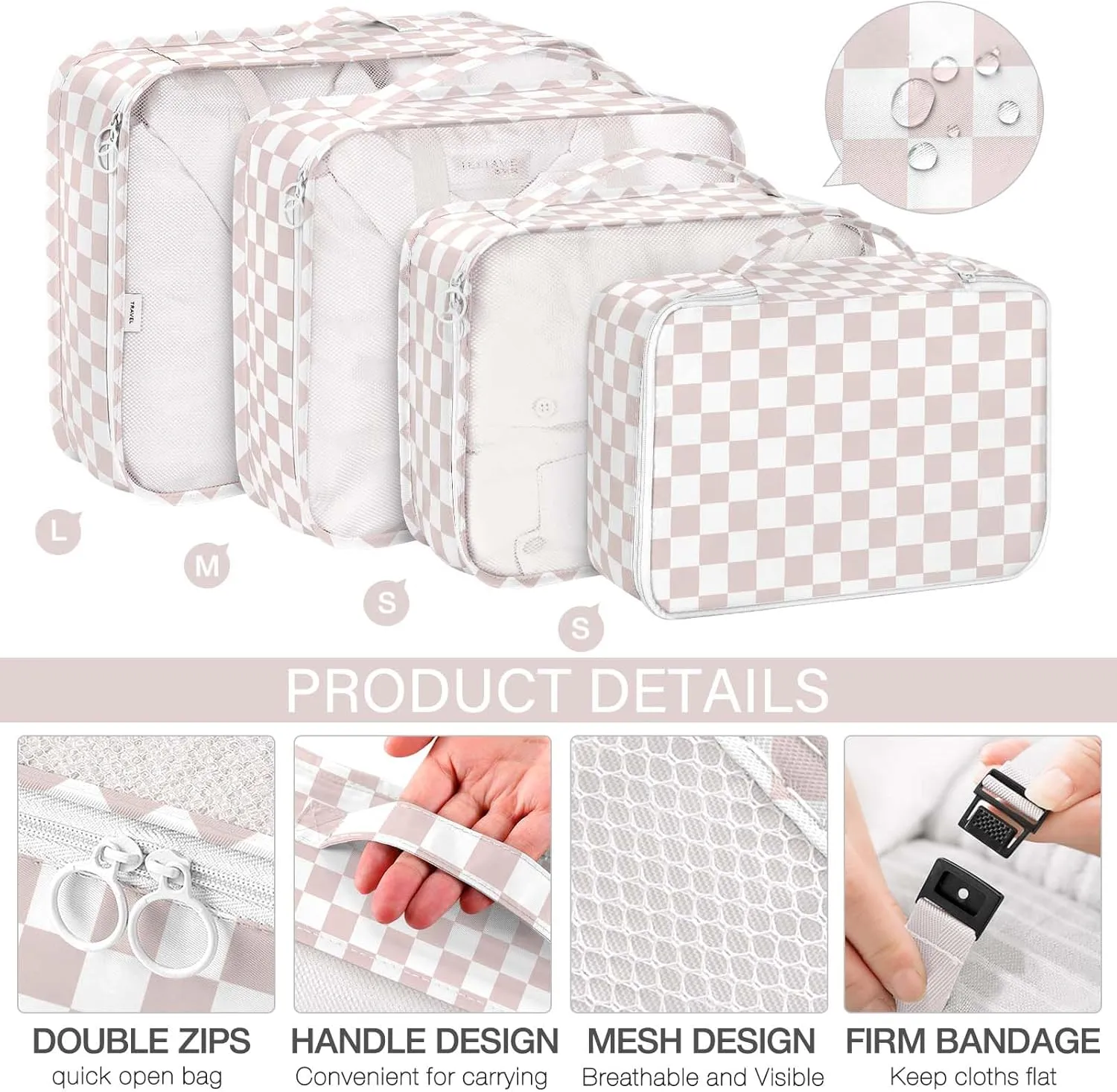 KPX 8 Set Packing Cubes for Travel, Luggage Packing Organizers Accessories Large Toiletries Bag for Clothes Shoes Cosmetics (8Set-Nude Pink Plaid)