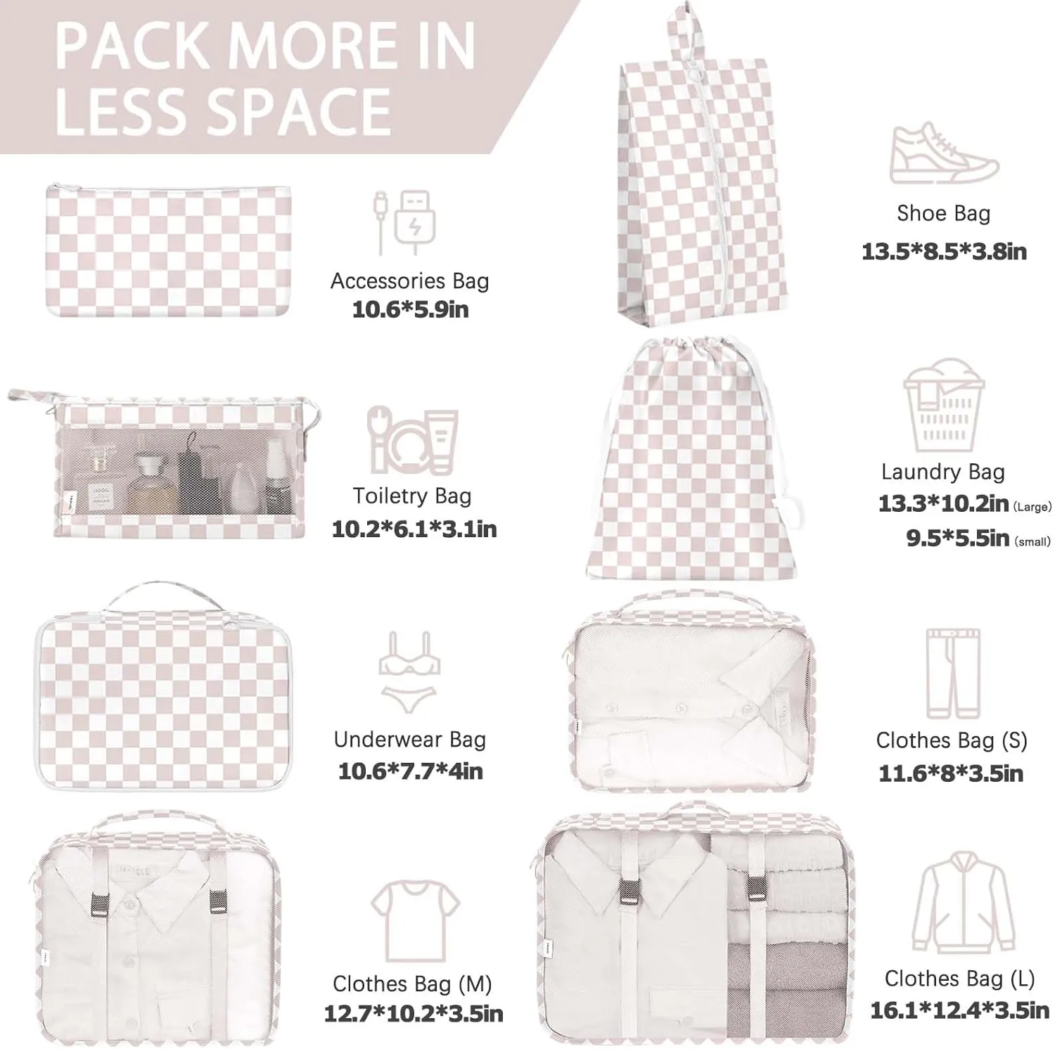 KPX 8 Set Packing Cubes for Travel, Luggage Packing Organizers Accessories Large Toiletries Bag for Clothes Shoes Cosmetics (8Set-Nude Pink Plaid)