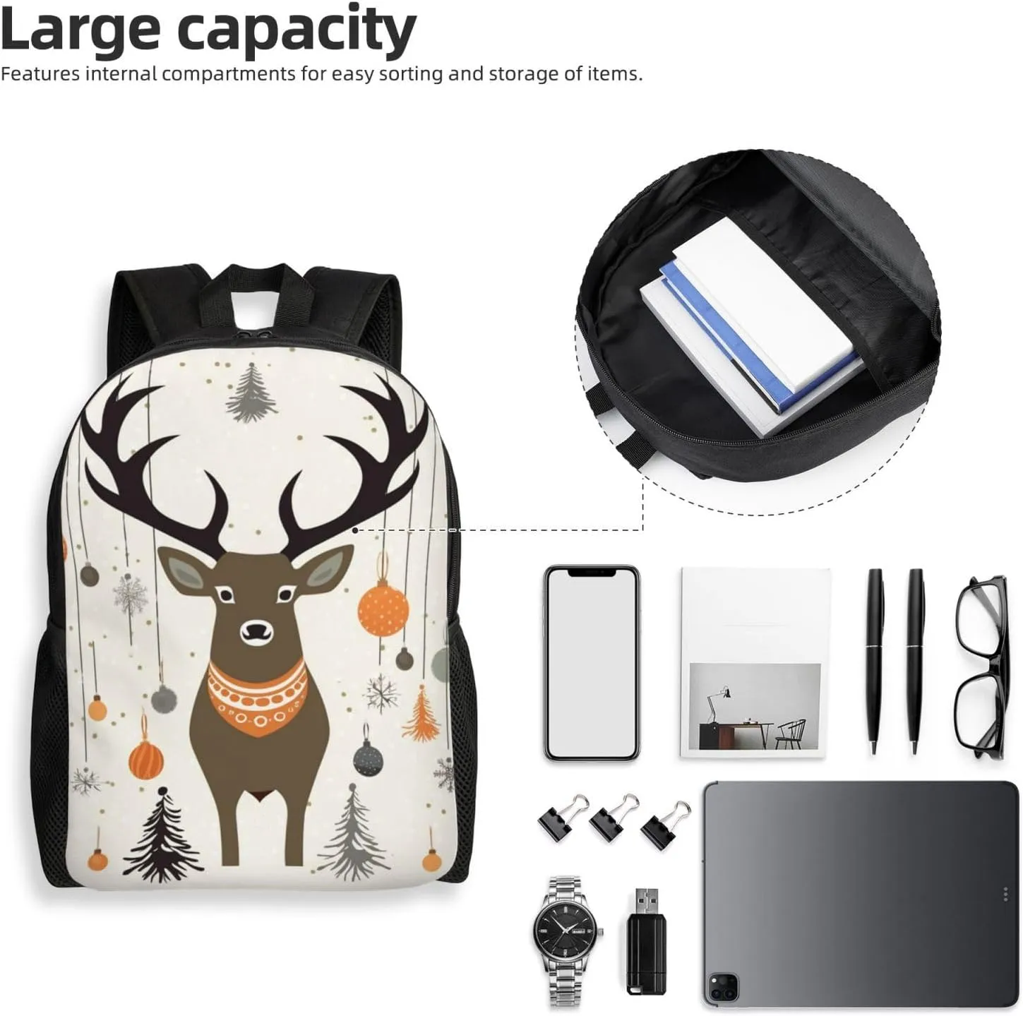 Laptop Backpack for Women Men Carry-on Backpack Christmas decorate and deer Daypack Lightweight Travel Shoulder Bags