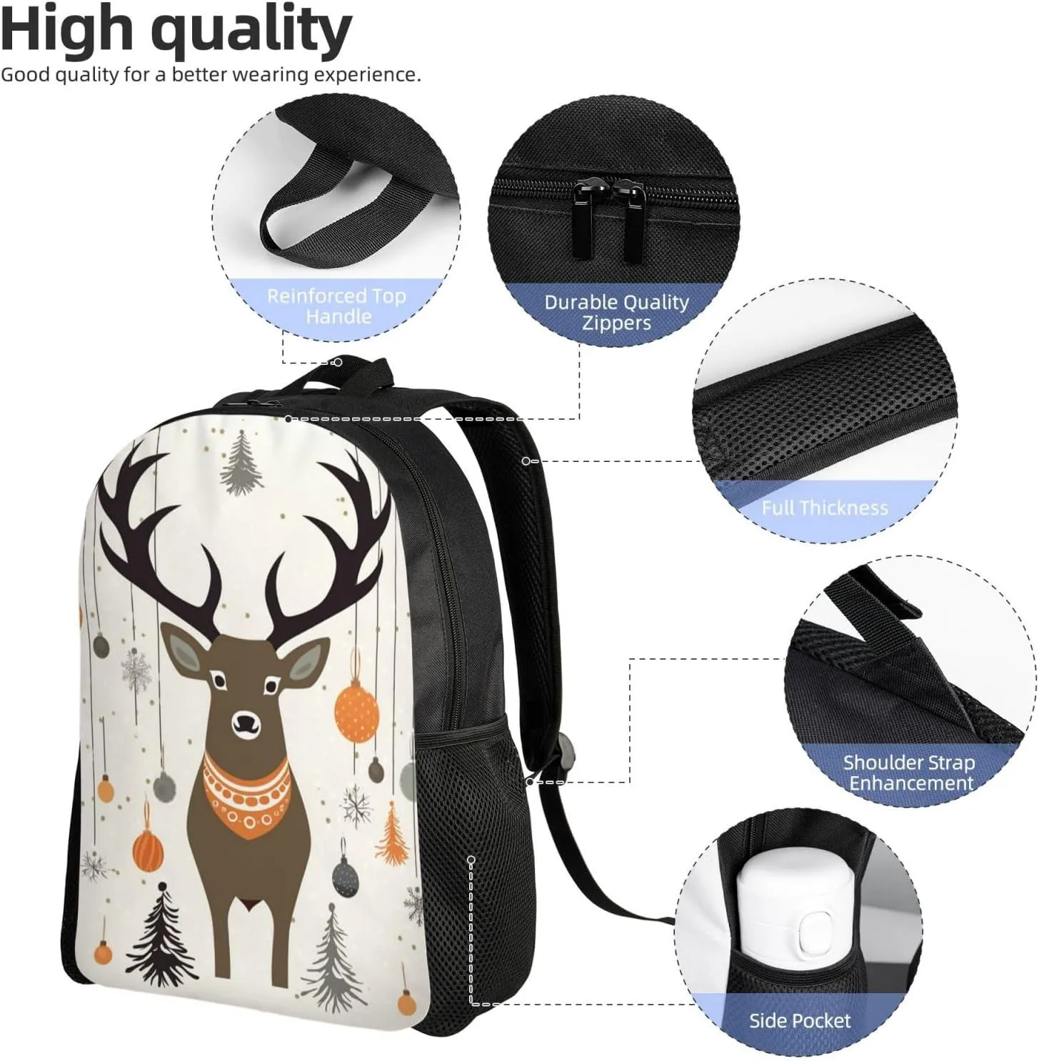 Laptop Backpack for Women Men Carry-on Backpack Christmas decorate and deer Daypack Lightweight Travel Shoulder Bags