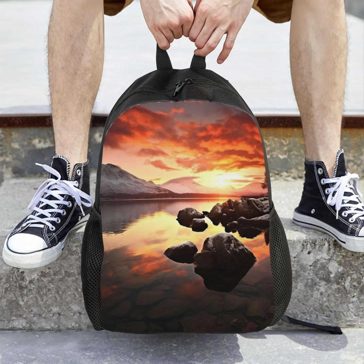 Laptop Backpack for Women Men Carry-on Backpack Rock and Lake Under Sunset Daypack Lightweight Travel Shoulder Bags