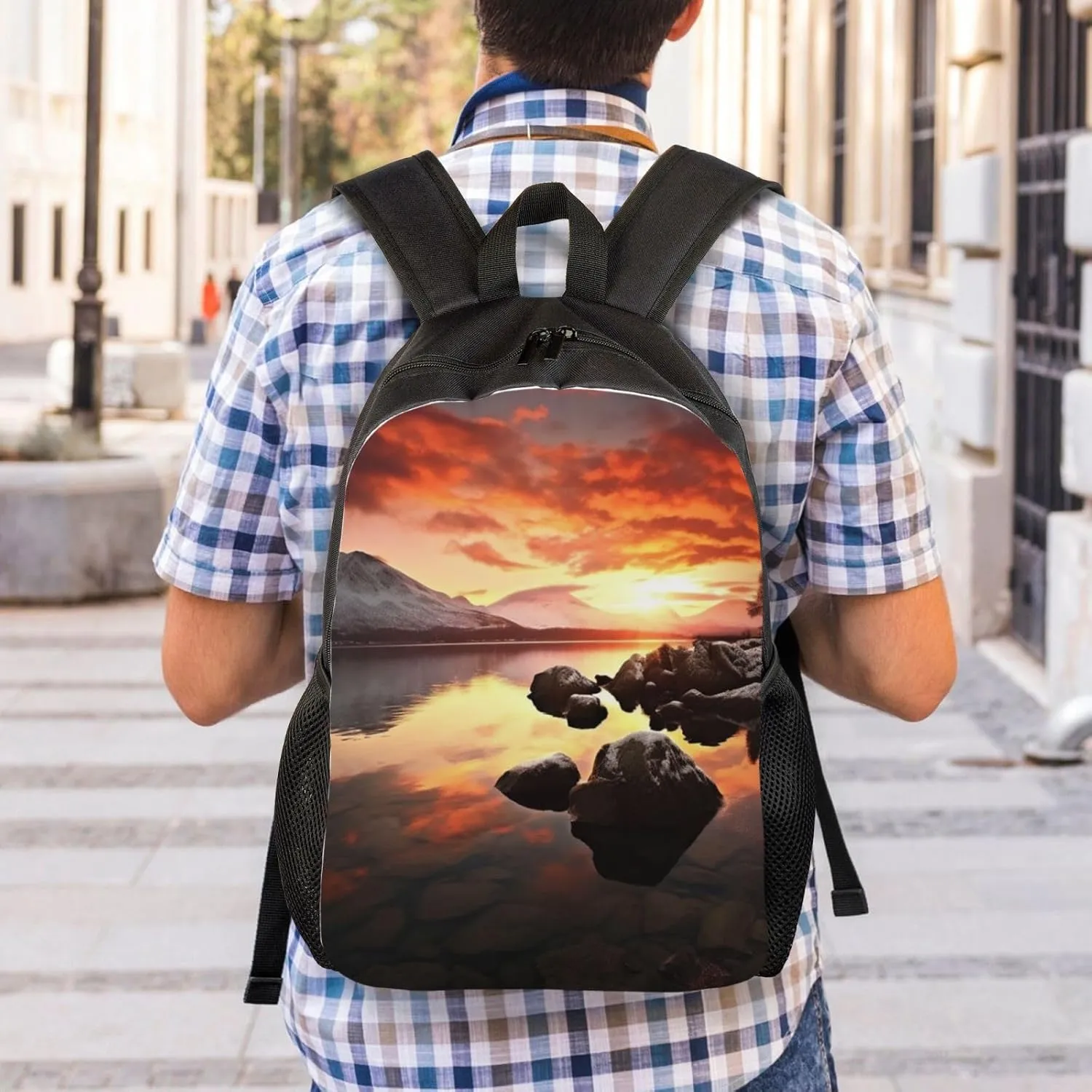 Laptop Backpack for Women Men Carry-on Backpack Rock and Lake Under Sunset Daypack Lightweight Travel Shoulder Bags