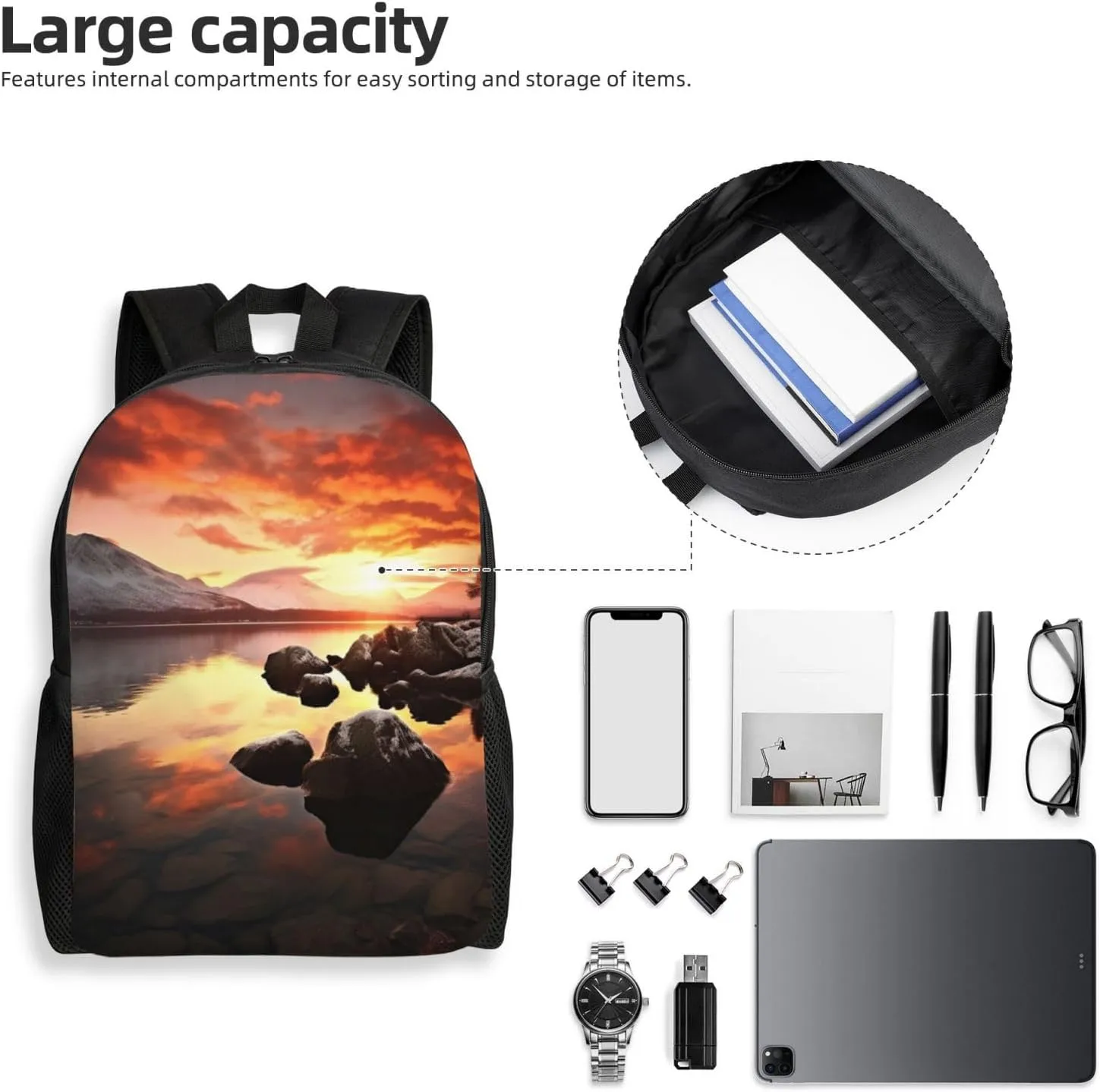 Laptop Backpack for Women Men Carry-on Backpack Rock and Lake Under Sunset Daypack Lightweight Travel Shoulder Bags