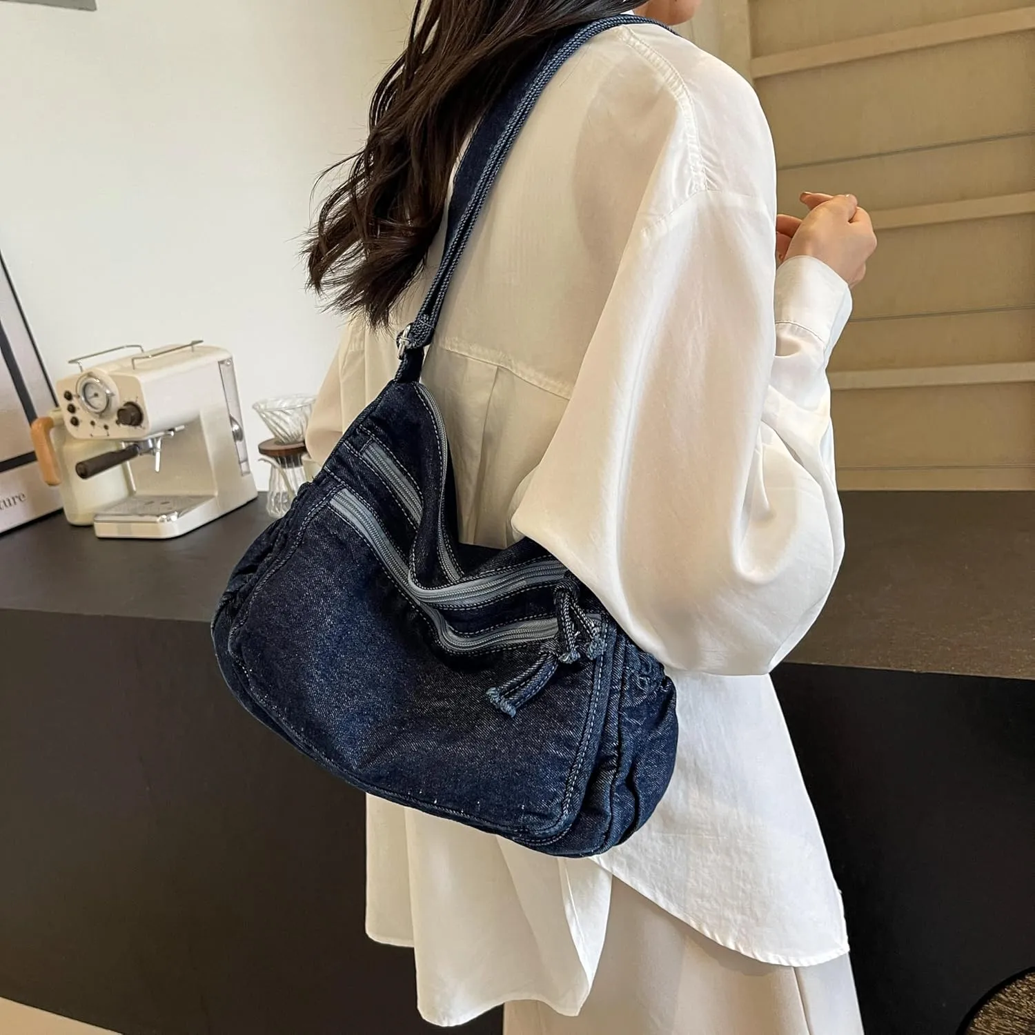 Large Denim Purses for Women Casual Denim Tote Bag Shoulder Bag Retro Lightweight Jean Purse Canvas Crossbody Bag