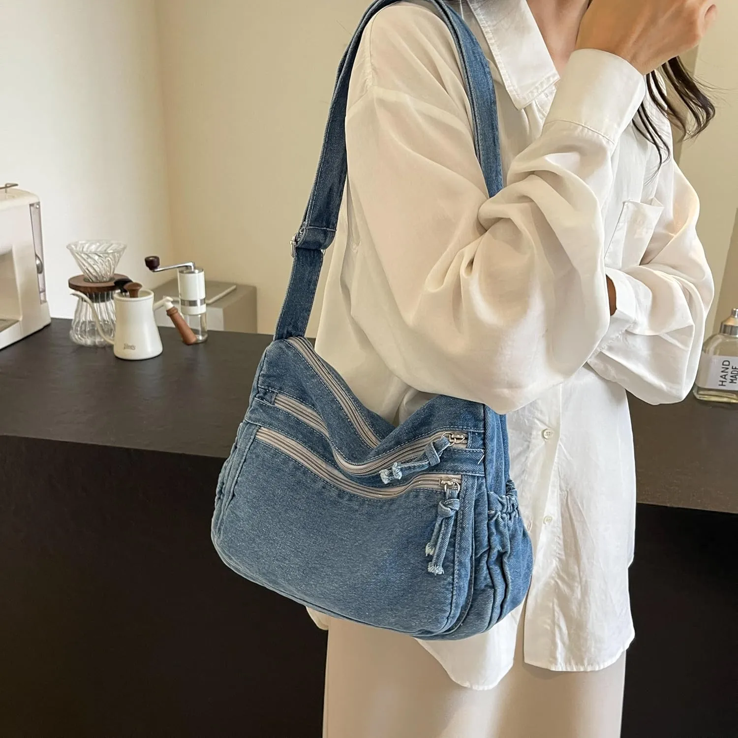Large Denim Purses for Women Casual Denim Tote Bag Shoulder Bag Retro Lightweight Jean Purse Canvas Crossbody Bag