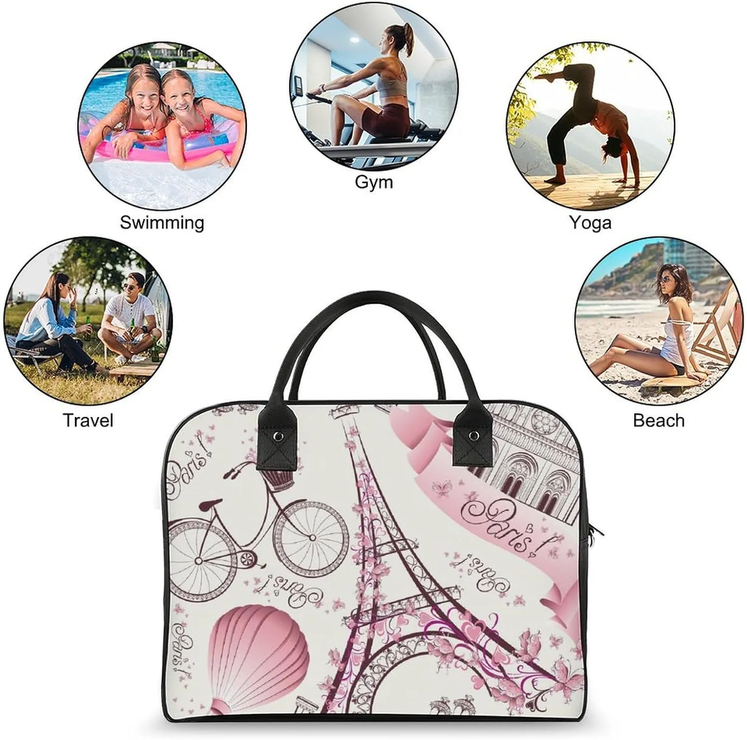 Large Portable Travel Bag, Carry On Bag, Sports Gym Dance Soft Bag, Oversized Weekender Bag For Women And Men Compatible with Pink Paris Eiffel Tower