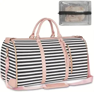 Large Travel Duffel Bag with Shoulder Strap, Black Stripes Faux Leather, Weekend Overnight Carry-On with Laundry Bag