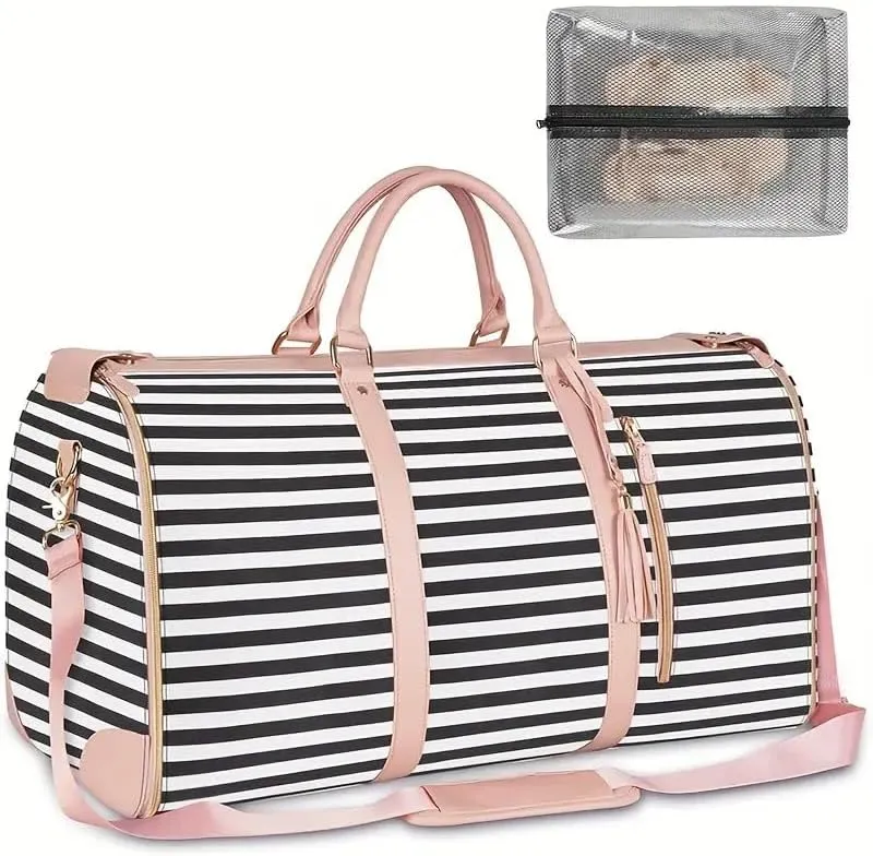 Large Travel Duffel Bag with Shoulder Strap, Black Stripes Faux Leather, Weekend Overnight Carry-On with Laundry Bag