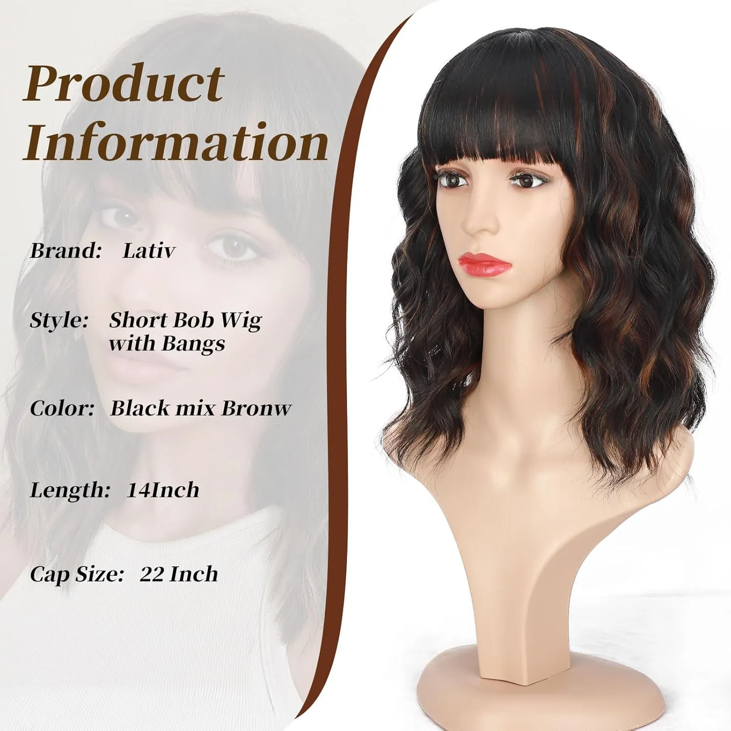 Lativ Black Mix Brown Wig with Bangs Short Wavy Wigs for Women Shoulder Length Curly Bob Wigs 14 Inches for Halloween Cosplay Daily Party Use