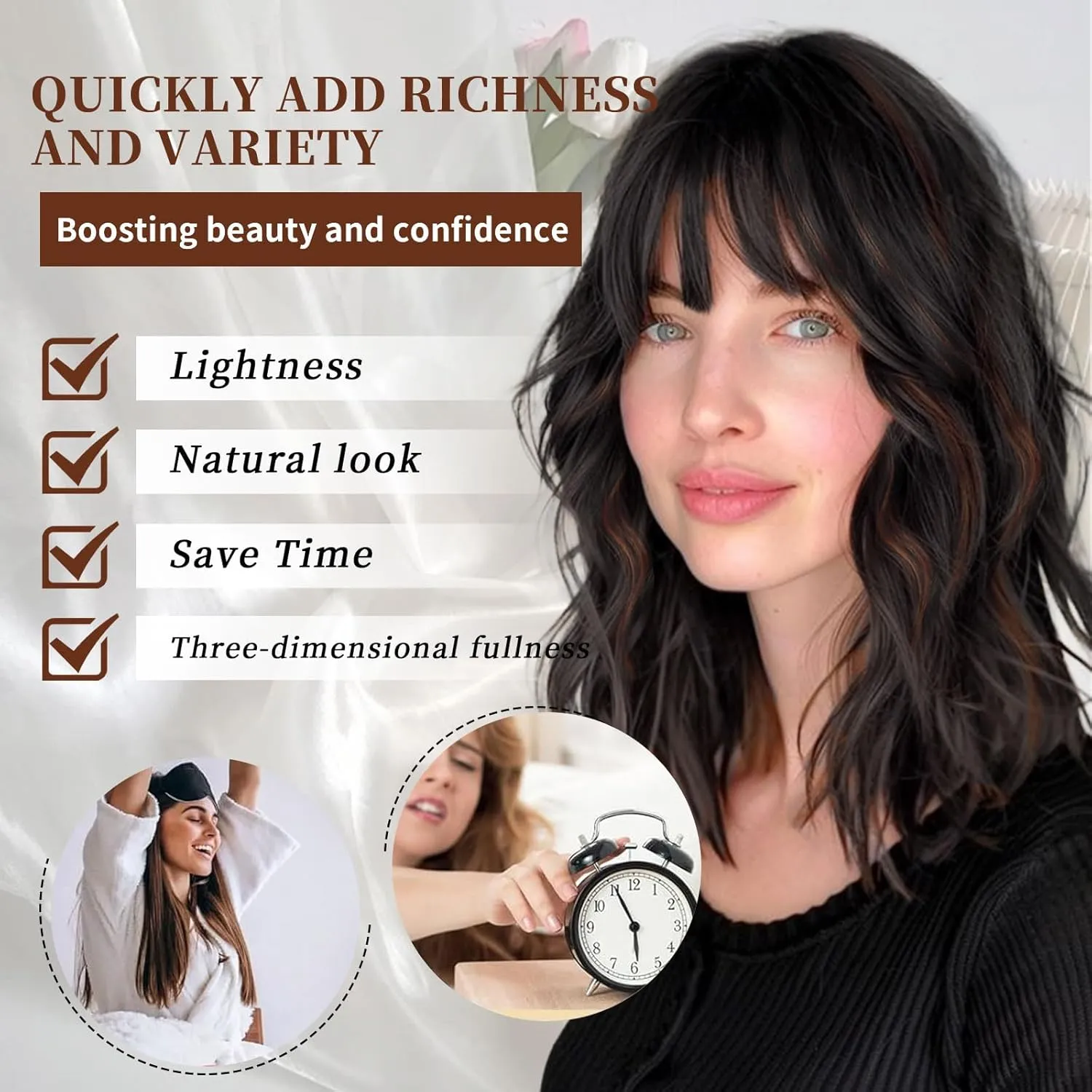Lativ Black Mix Brown Wig with Bangs Short Wavy Wigs for Women Shoulder Length Curly Bob Wigs 14 Inches for Halloween Cosplay Daily Party Use