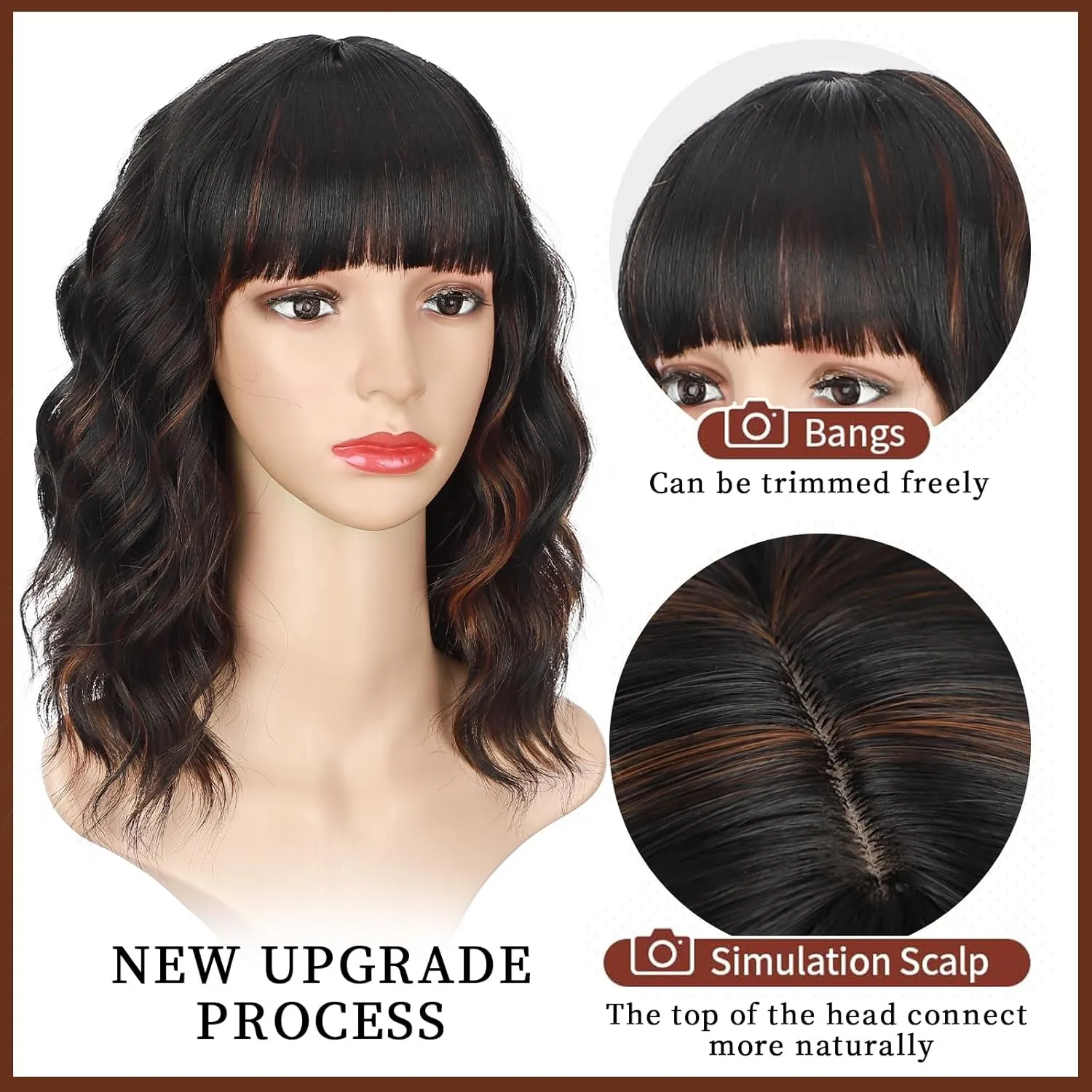 Lativ Black Mix Brown Wig with Bangs Short Wavy Wigs for Women Shoulder Length Curly Bob Wigs 14 Inches for Halloween Cosplay Daily Party Use