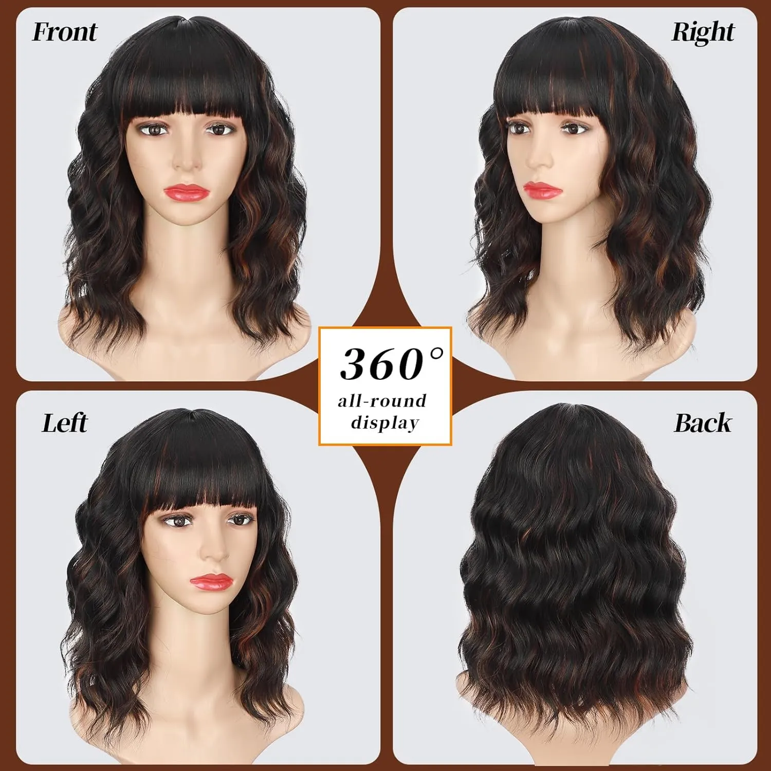 Lativ Black Mix Brown Wig with Bangs Short Wavy Wigs for Women Shoulder Length Curly Bob Wigs 14 Inches for Halloween Cosplay Daily Party Use